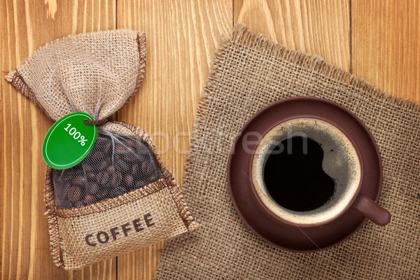 Stockfoto: Koffiekopje · klein · zak · bonen · houten · tafel