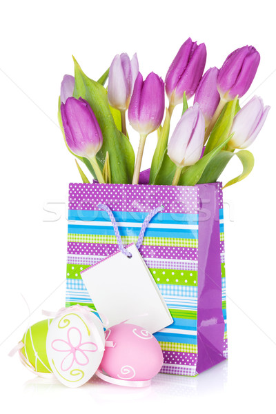 Lila Tulpe Bouquet Geschenk Tasche Ostereier Stock foto © karandaev