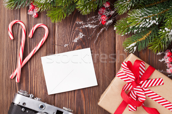 Stock photo: Blank photo with christmas gift, pine tree and camera