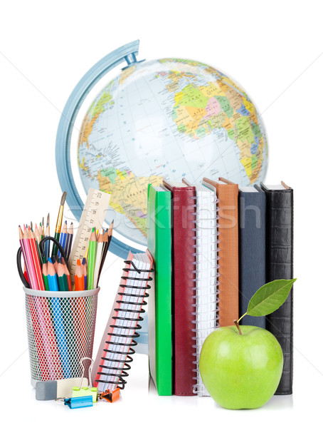 Stock fotó: Iskola · irodaszerek · színes · ceruzák · földgömb · alma