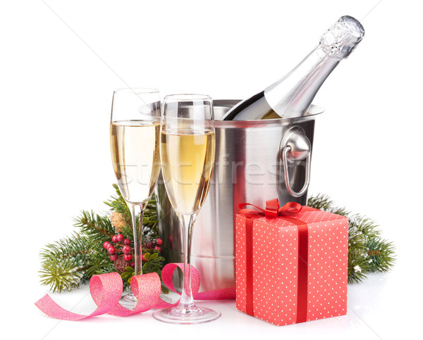 Stok fotoğraf: Noel · şampanya · şişe · kova · gözlük · hediye · kutusu