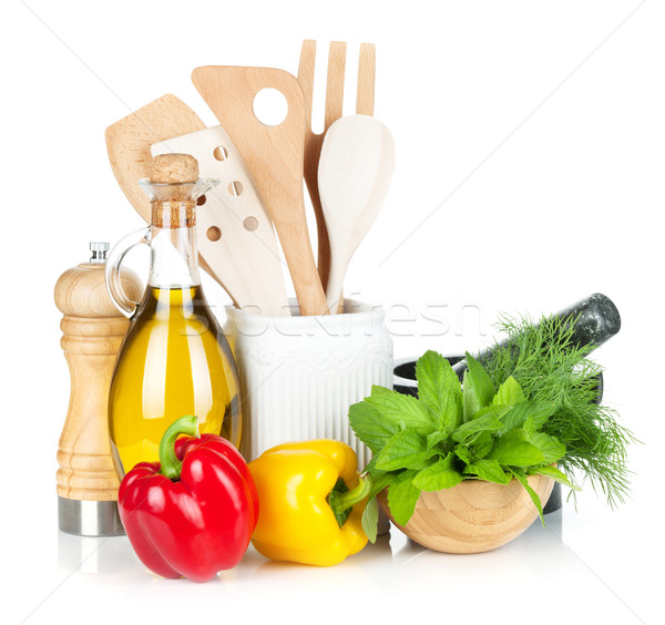 Fresh ripe vegetables, herbs and kitchen utensils Stock photo © karandaev