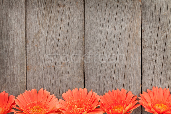 Wooden background with orange gerbera flowers Stock photo © karandaev