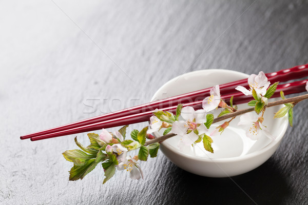Japanese sushi bacchette salsa di soia ciotola sakura Foto d'archivio © karandaev