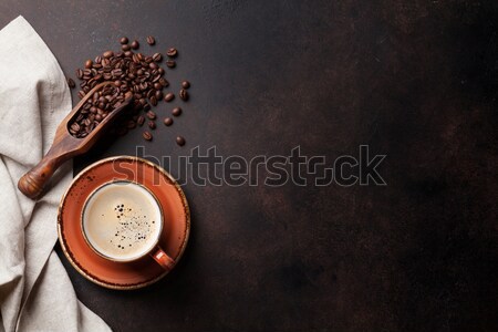 Kávéscsésze öreg konyhaasztal bab felső kilátás Stock fotó © karandaev