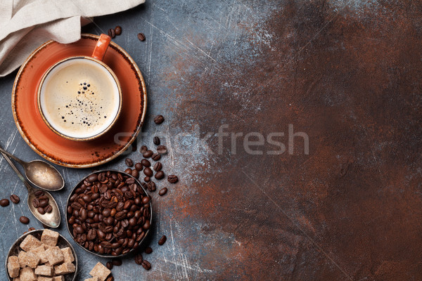 Tazza di caffè fagioli zucchero top view spazio Foto d'archivio © karandaev