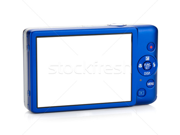 Albastru compact aparat foto vedere din spate izolat alb Imagine de stoc © karandaev