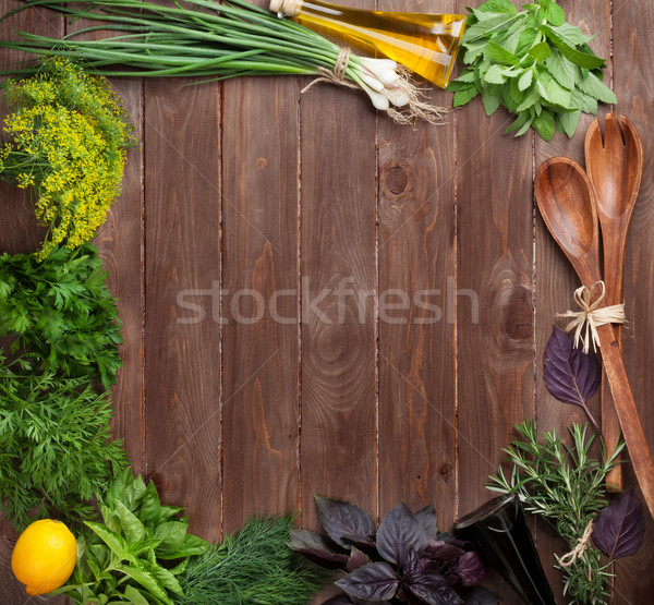 Stockfoto: Vers · tuin · kruiden · houten · tafel · top