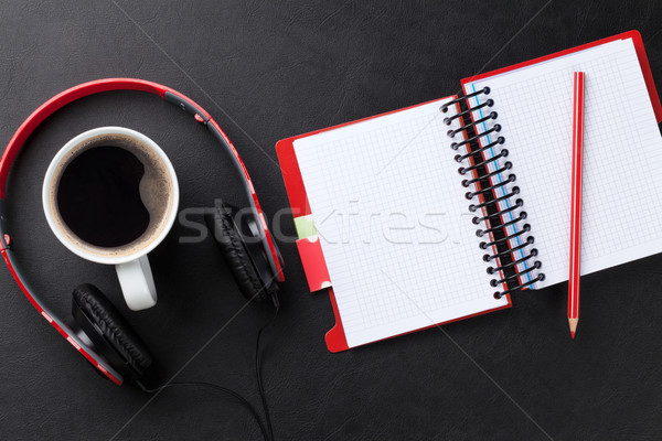 Desk notepad caffè cuffie ufficio pelle Foto d'archivio © karandaev