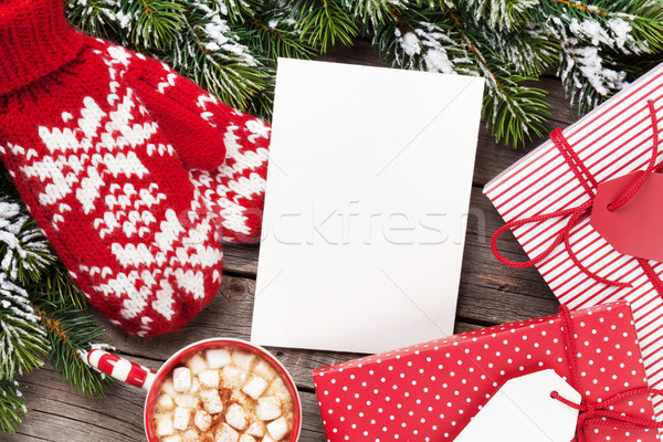 Christmas greeting card, tree, mittens and hot chocolate Stock photo © karandaev