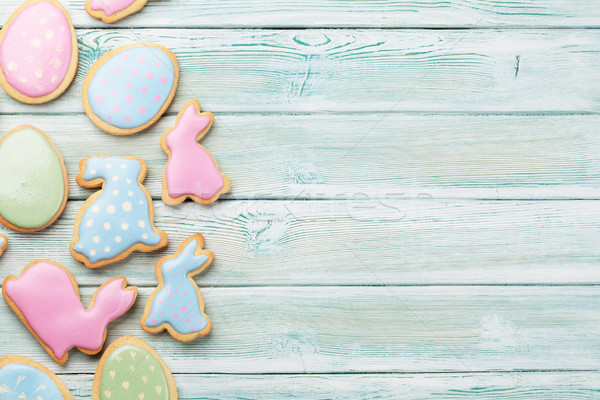 Stockfoto: Pasen · peperkoek · cookies · houten · tafel · eieren · konijnen