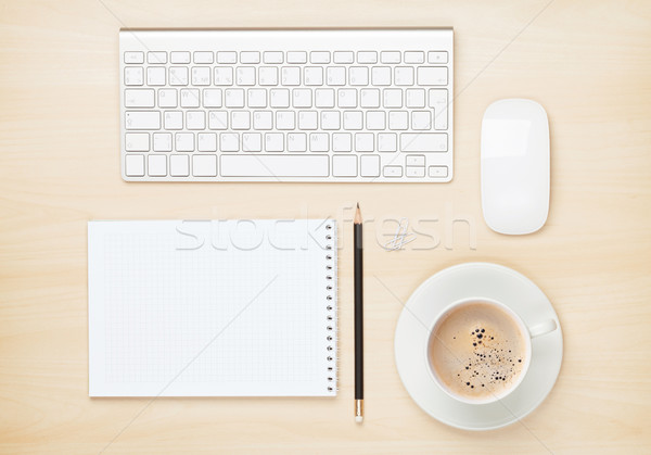 Iroda asztal jegyzettömb számítógép kávéscsésze felülnézet Stock fotó © karandaev