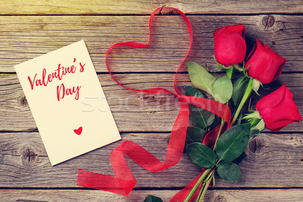 Stock photo: Red roses and Valentine's day card