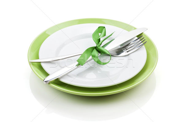 Zdjęcia stock: Widelec · nóż · płyty · odizolowany · biały · żywności