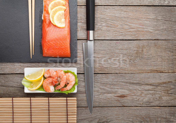 Zdjęcia stock: świeże · morza · żywności · kuchnia · przybory · drewniany · stół