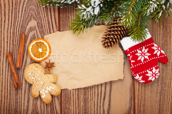 Christmas food and decor with snow fir tree background Stock photo © karandaev