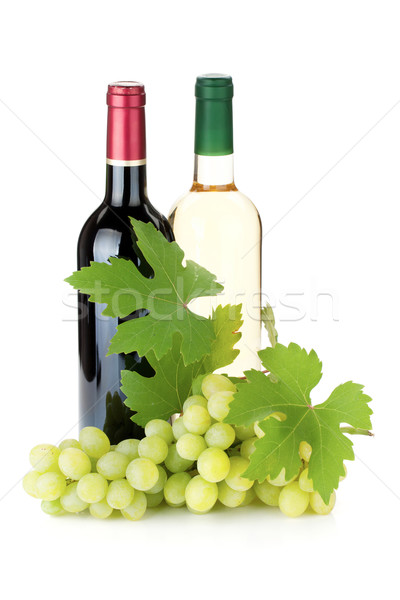 Stock fotó: Kettő · bor · üvegek · szőlő · izolált · fehér