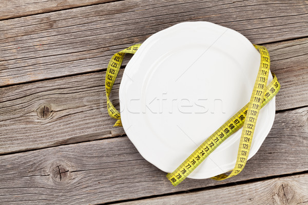 Stock foto: Gesunde · Lebensmittel · Platte · Maßband · Holztisch · top · Ansicht