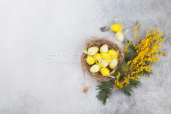 Eier Nest gelben Blüten Ostern Grußkarte top Stock foto © karandaev