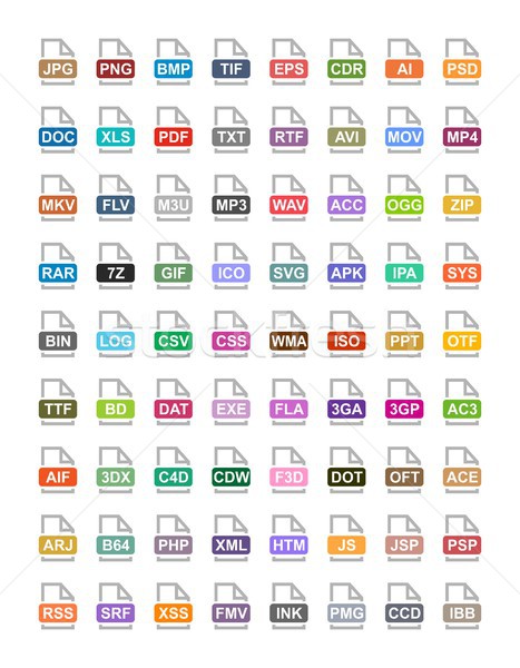 File extension flat vector icons. Archive, vector, audio, image, system, document formats Stock photo © karetniy