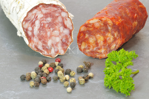 [[stock_photo]]: Italien · salami · table · viande · poivre