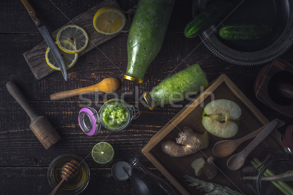 Stock fotó: üvegek · bögre · zöld · smoothie · különböző · hozzávalók · fából · készült