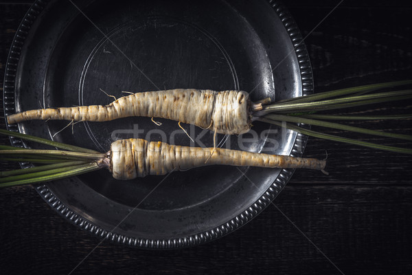 Parsley root  on the old metal plate  top view Stock photo © Karpenkovdenis