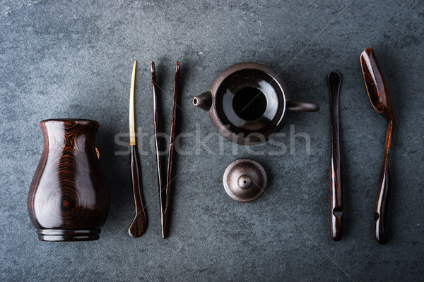 Set for tea ceremony on a blue stone table Stock photo © Karpenkovdenis