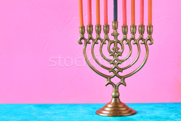Hanukkah menorah with candles on the pink background horizontal Stock photo © Karpenkovdenis