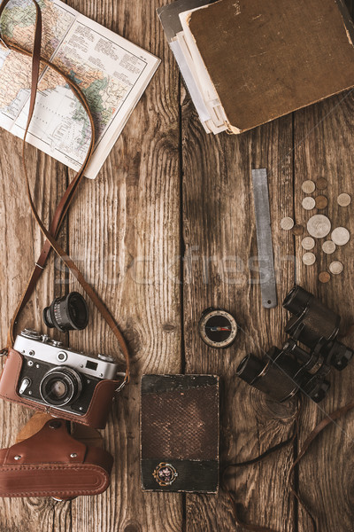 Set of things for travel on the wooden background top view Stock photo © Karpenkovdenis