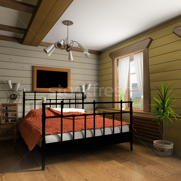 Hálószoba vidéki stílus 3D renderelt kép építkezés Stock fotó © kash76