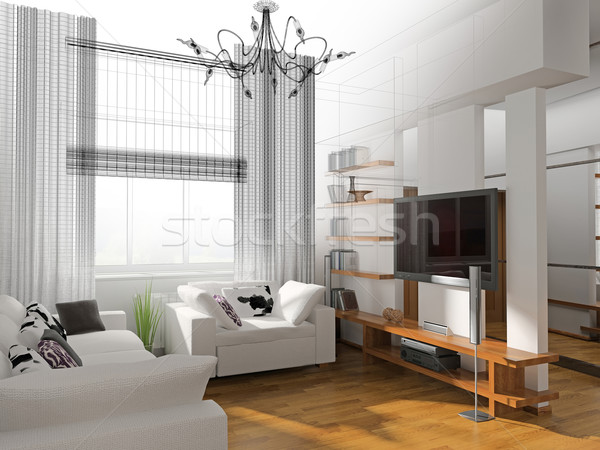 Foto d'archivio: Moderno · interni · soggiorno · mobili · rendering · 3d · muro