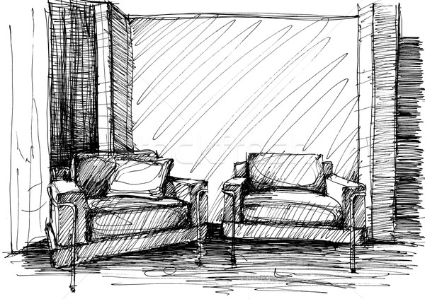 Stockfoto: Moderne · interieur · fauteuil · muur · monochroom · tekening