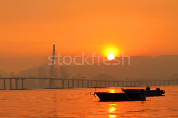 ストックフォト: 日没 · 香港 · 海岸 · 多くの · ボート