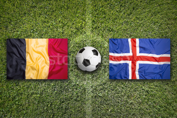 Stock fotó: Belgium · vs · Izland · zászlók · futballpálya · zöld