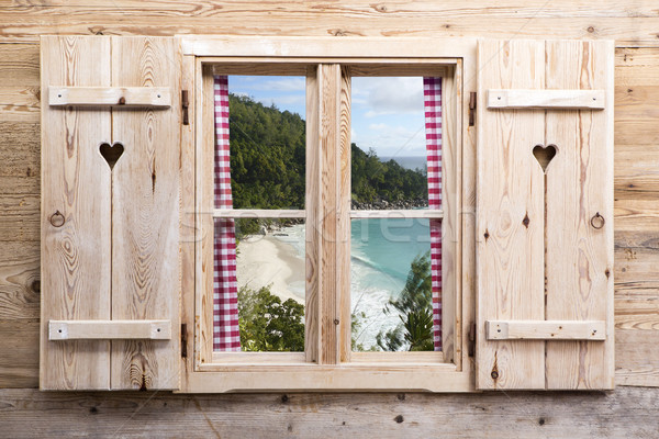 Fából készült ablak trópusi panoráma kilátás utazás Stock fotó © kb-photodesign