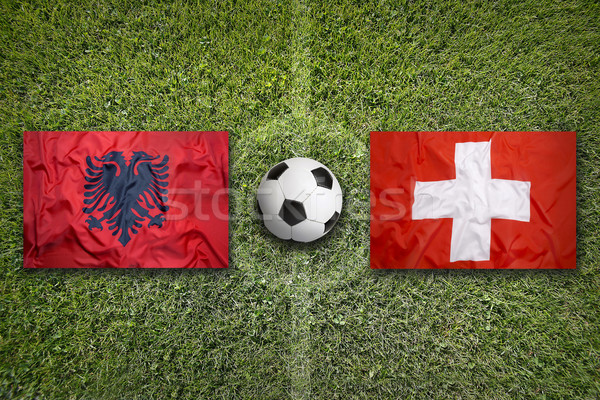 Albanië vs Zwitserland vlaggen voetbalveld groene Stockfoto © kb-photodesign