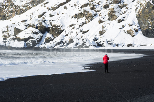 Woman walks along black sand beach in Vik, Iceland Stock photo © kb-photodesign