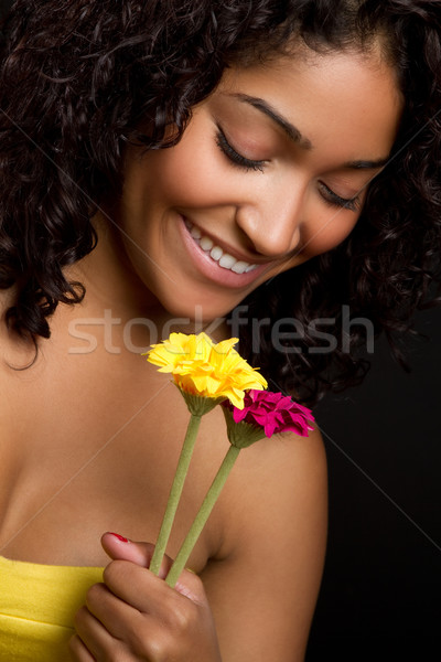 Foto stock: Mujer · flores · mujer · negro · modelo · pelo · diversión
