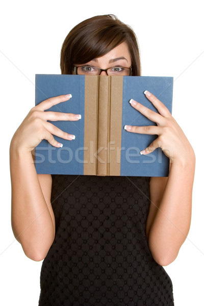 Foto stock: Livro · mulher · bela · mulher · olhando · menina · mãos