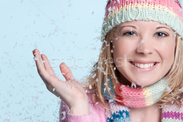 Foto stock: Nieve · mujer · sonriente · mujer · caer · cara · feliz