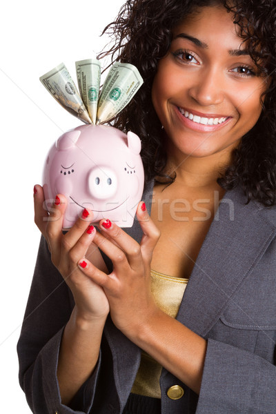 Zwarte vrouw spaarvarken glimlachend roze meisje Stockfoto © keeweeboy