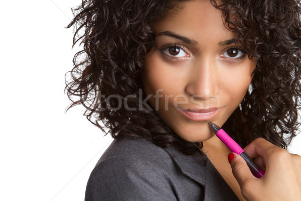 Myślenia kobieta interesu piękna czarny oka pióro Zdjęcia stock © keeweeboy