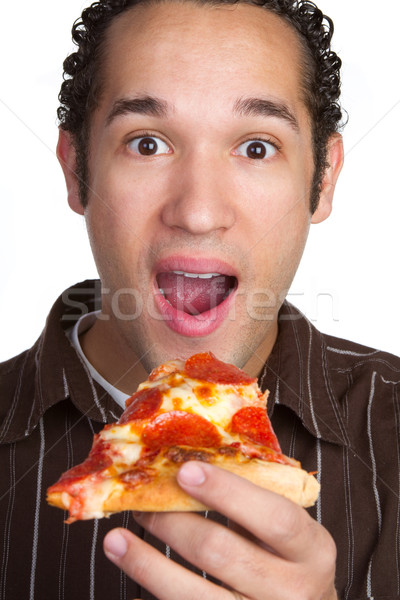 Imagine de stoc: Băiat · mananca · pizza · izolat · alimente · cutie