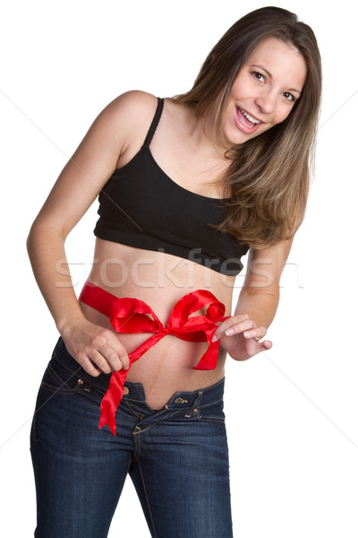 Czerwony łuk ciąży brzuch kobieta w ciąży dziewczyna Zdjęcia stock © keeweeboy