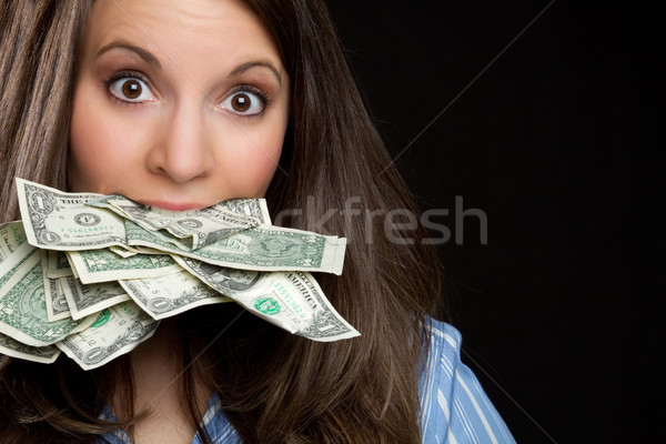 Stockfoto: Vrouw · eten · geld · mond · gezicht · zwarte