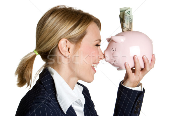 Spaarvarken vrouw glimlachen vrouw achtergrond pak Stockfoto © keeweeboy