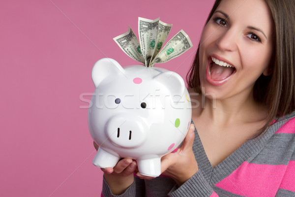 Persely lány mosolyog tart szépség pénz Stock fotó © keeweeboy