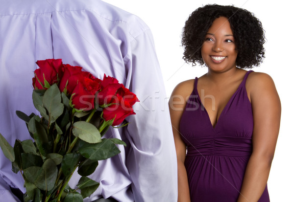 Stockfoto: Afro-amerikaanse · paar · rozen · glimlach · man · steeg