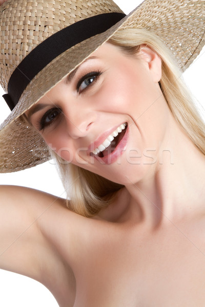 Hoed vrouw mooie glimlachende vrouw gelukkig Stockfoto © keeweeboy